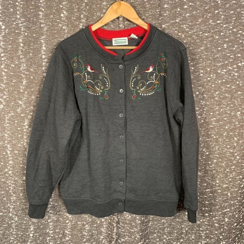 Vintage Shenanigans Button Up Cardigan Sweatshirt Embroidered Birds Women's XL